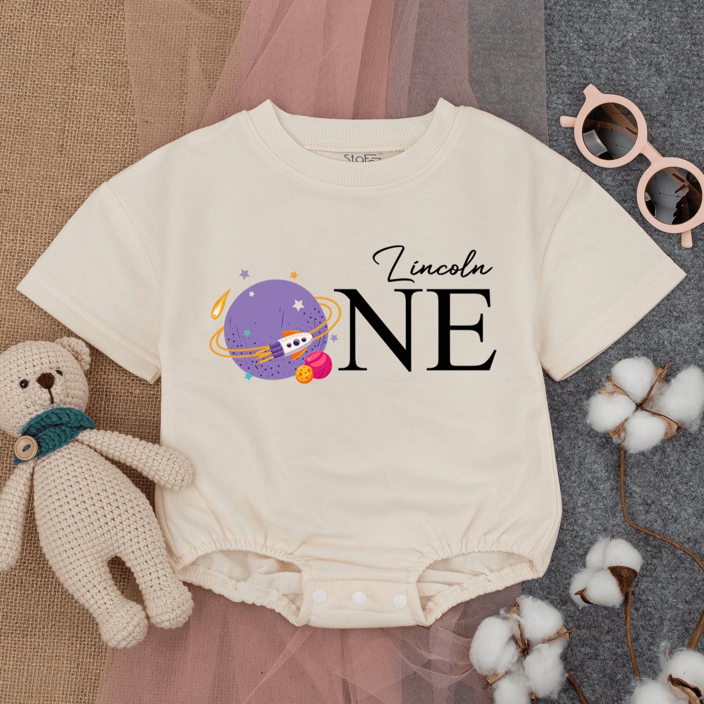 Custom Lincoln ONE Birthday Baby Romper Space Theme First Trip Around the Sun Outfit Planet Spaceship Cartoon Pastel Playful Infant Bodysuit Gift