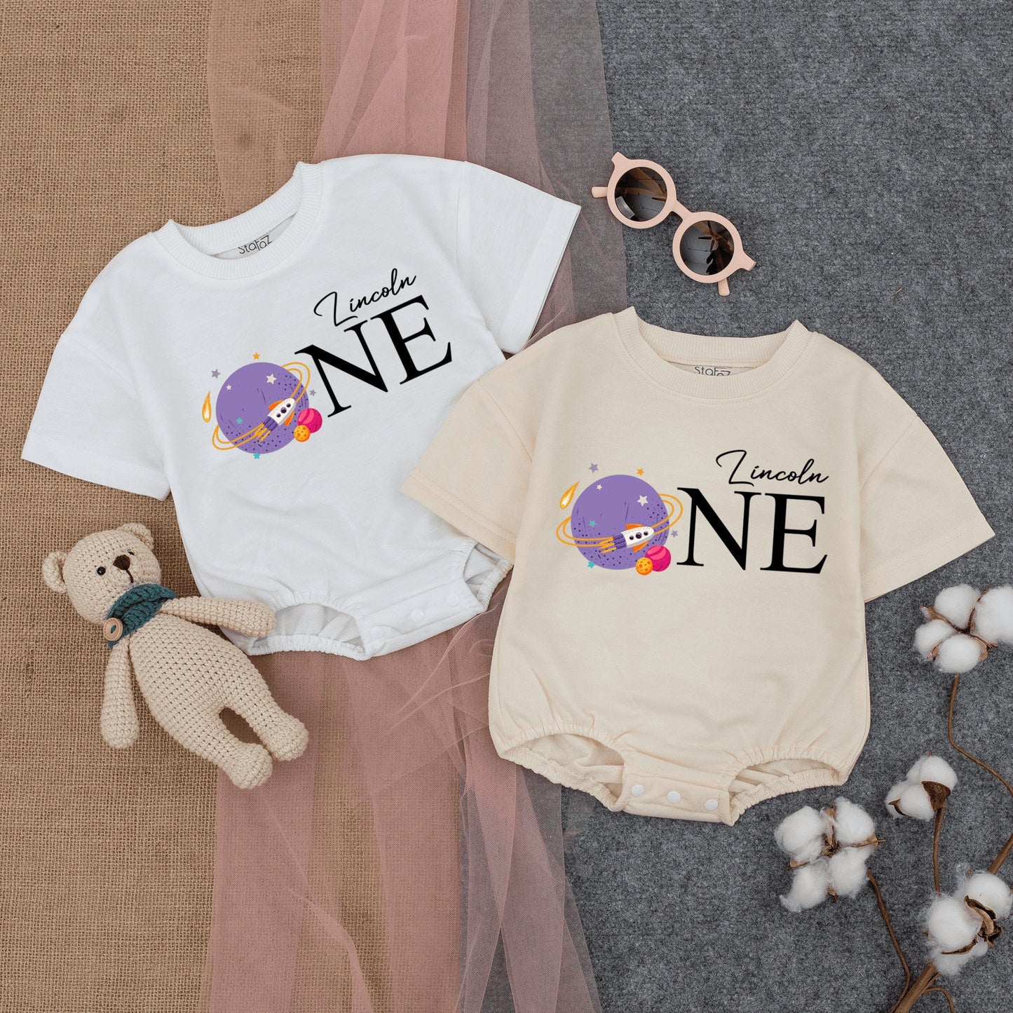 Custom Lincoln ONE Birthday Baby Romper Space Theme First Trip Around the Sun Outfit Planet Spaceship Cartoon Pastel Playful Infant Bodysuit Gift