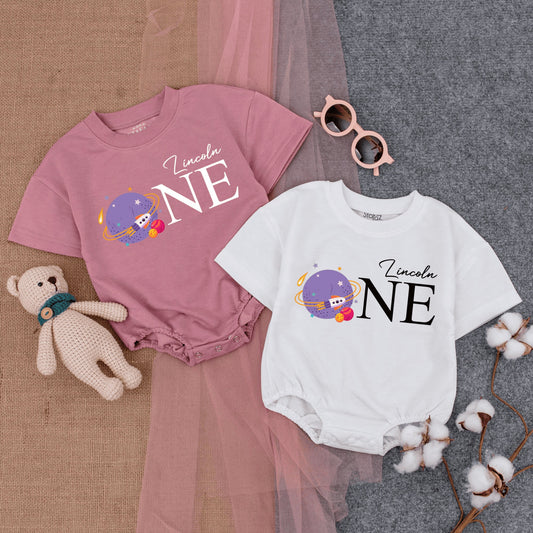 Custom Lincoln ONE Birthday Baby Romper Space Theme First Trip Around the Sun Outfit Planet Spaceship Cartoon Pastel Playful Infant Bodysuit Gift