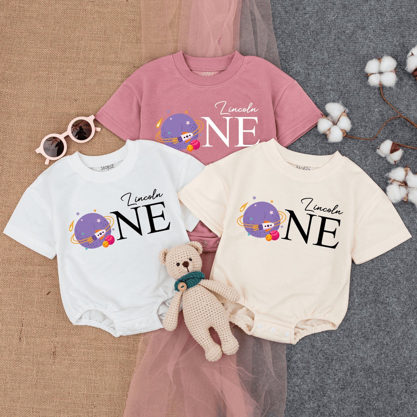 Custom Lincoln ONE Birthday Baby Romper Space Theme First Trip Around the Sun Outfit Planet Spaceship Cartoon Pastel Playful Infant Bodysuit Gift