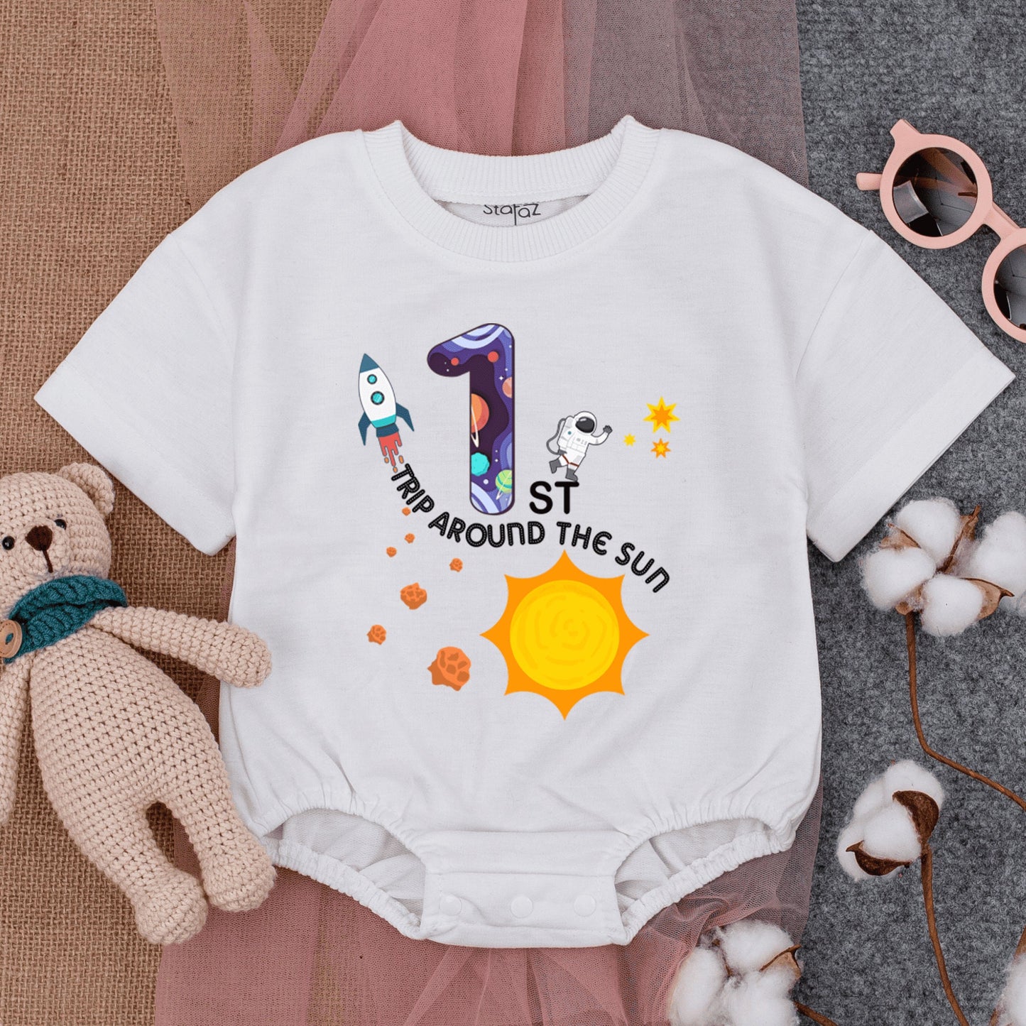 Baby Boy First Birthday Space Romper with Galaxy Number One Rocket Astronaut Design Trip Around the Sun Outfit Infant Bodysuit Clothes