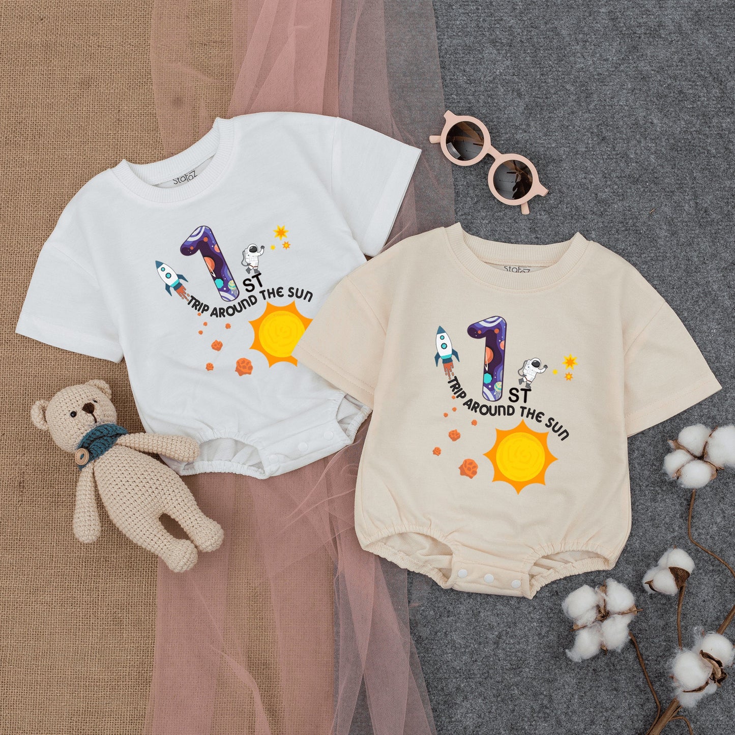 Baby Boy First Birthday Space Romper with Galaxy Number One Rocket Astronaut Design Trip Around the Sun Outfit Infant Bodysuit Clothes