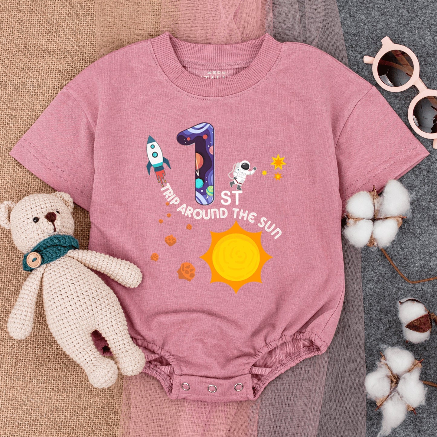 Baby Boy First Birthday Space Romper with Galaxy Number One Rocket Astronaut Design Trip Around the Sun Outfit Infant Bodysuit Clothes