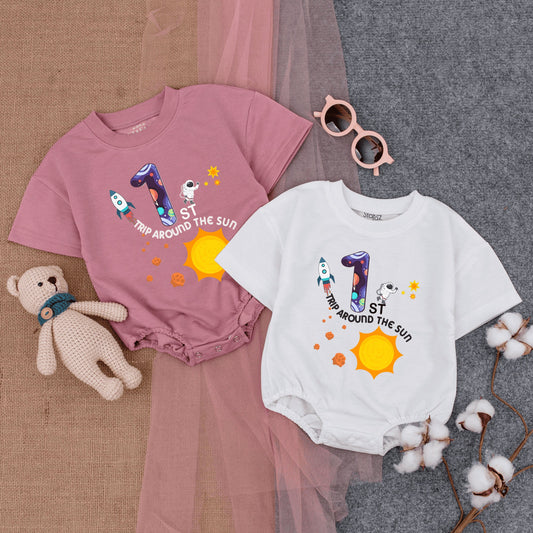 Baby Boy First Birthday Space Romper with Galaxy Number One Rocket Astronaut Design Trip Around the Sun Outfit Infant Bodysuit Clothes
