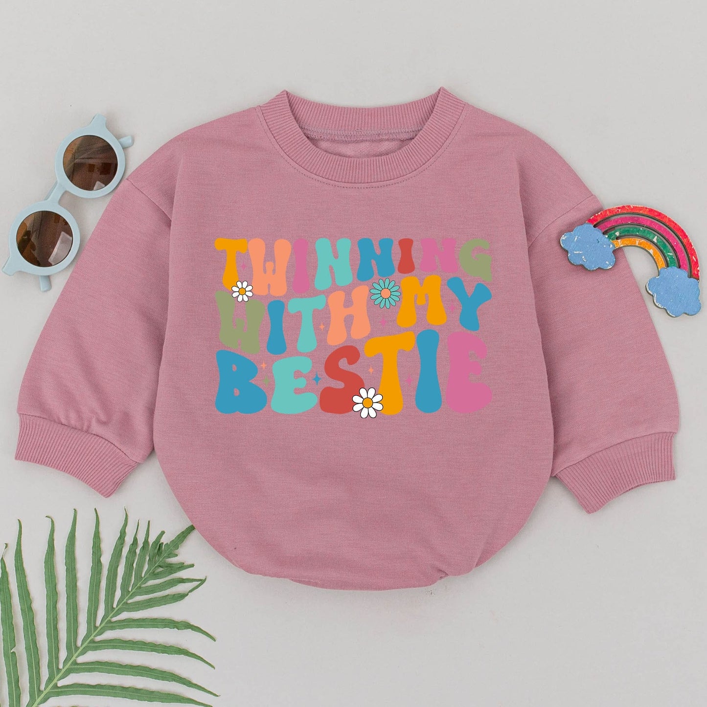 Twinning With My Bestie Retro Romper Pastel Daisy Baby Bodysuit 70s Vintage Cousin Matching Outfit Infant Shower Gift for Best Friends