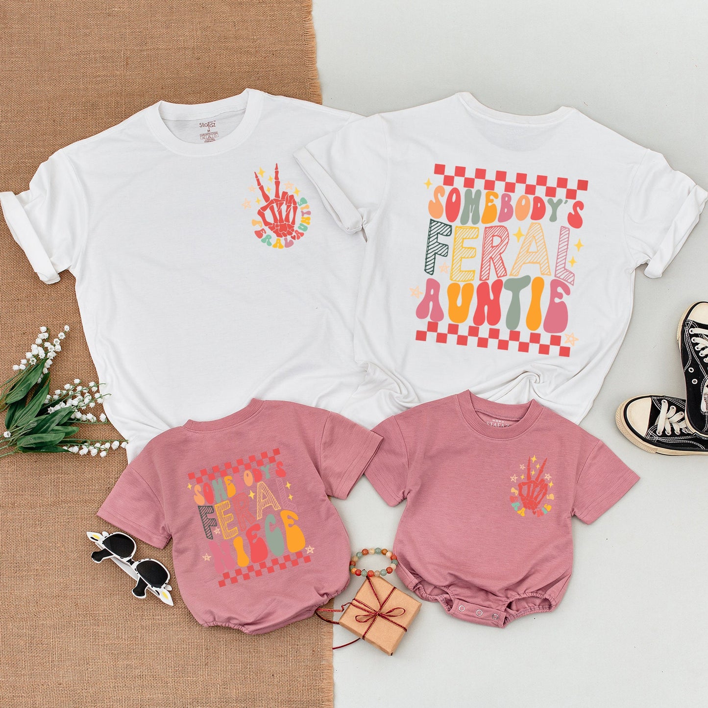 Feral Auntie & Niece Matching Outfits, Retro Playful Shirt & Romper Gift for Baby Girl Toddler, Checkered Multi-Colored Fun Whimsical Design