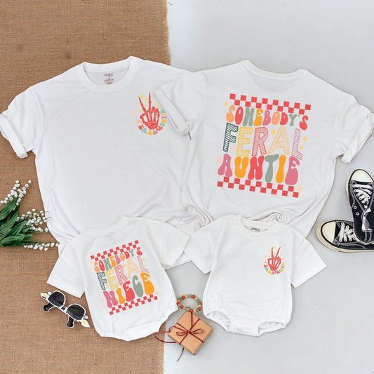 Feral Auntie & Niece Matching Outfits, Retro Playful Shirt & Romper Gift for Baby Girl Toddler, Checkered Multi-Colored Fun Whimsical Design