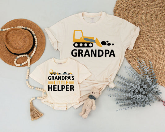 Grandpa & Me Matching Construction Shirts Bulldozer Design for Granddaughter Playful Yellow Black Graphic T-shirts New Grandpa Gift Fathers Day