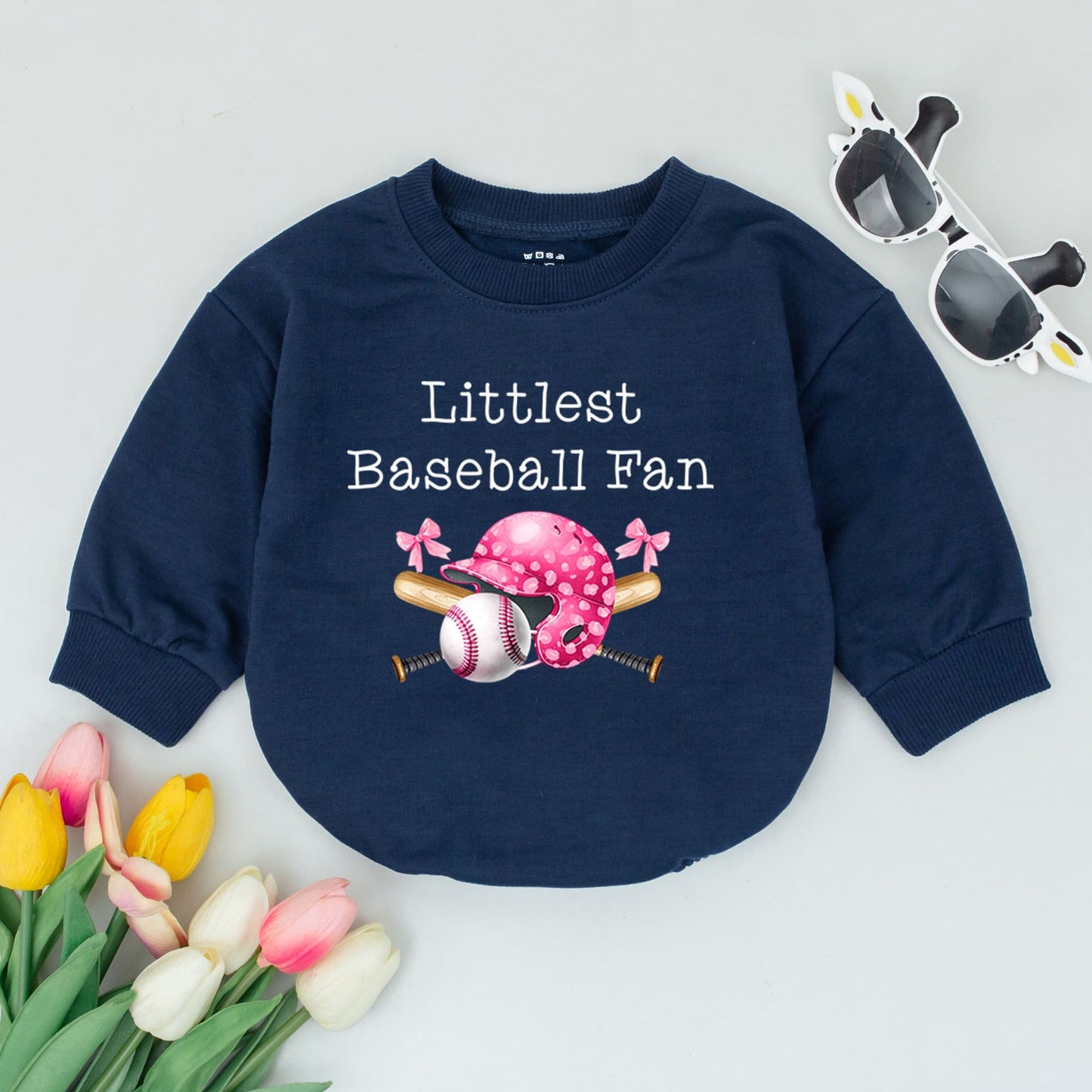 Littlest Baseball Fan Baby Romper Pink Helmet Bow Baseball Graphic Girl Bodysuit Cute Sports Infant Outfit Pregnancy Announcement Shower Gift Newborn Clothing