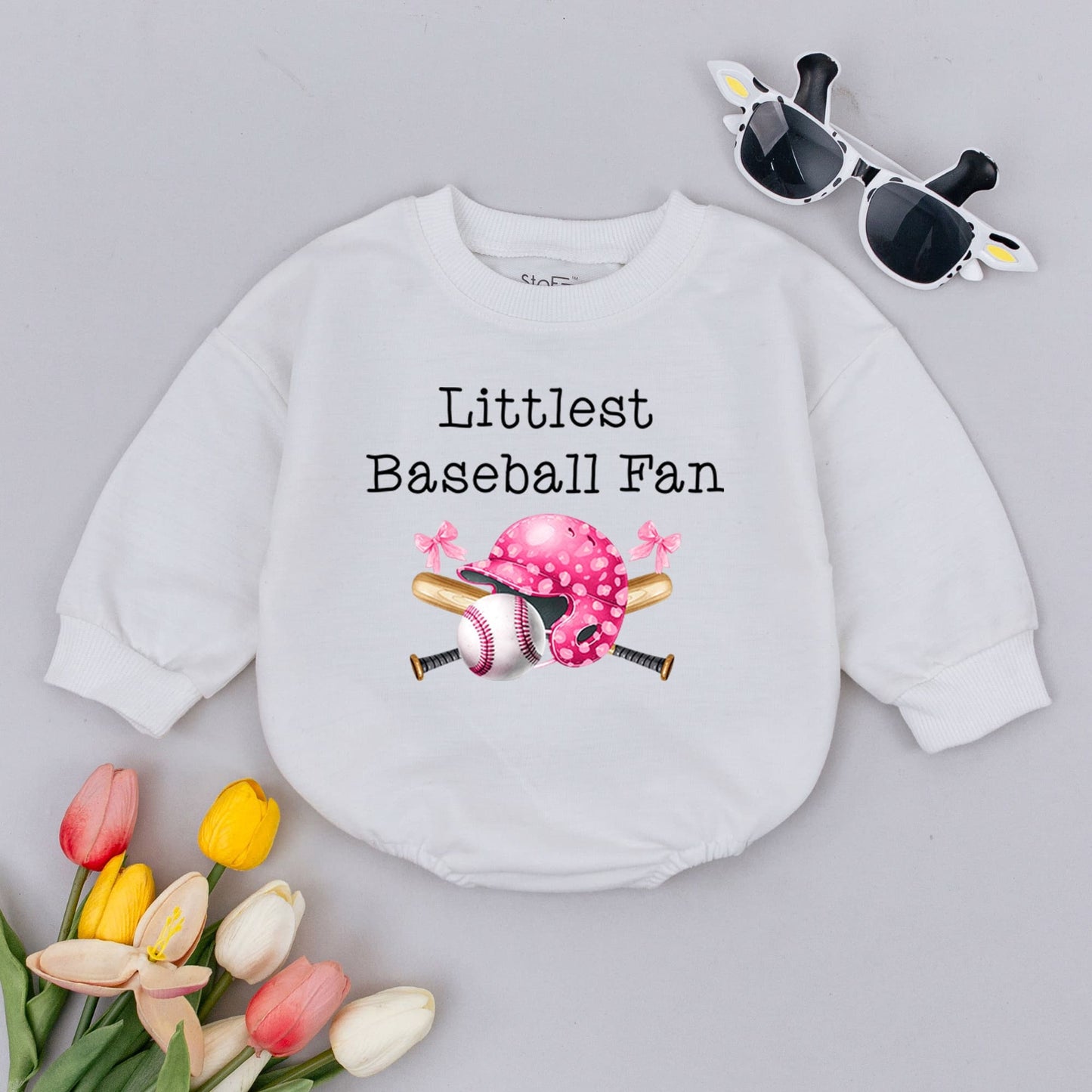 Littlest Baseball Fan Baby Romper Pink Helmet Bow Baseball Graphic Girl Bodysuit Cute Sports Infant Outfit Pregnancy Announcement Shower Gift Newborn Clothing