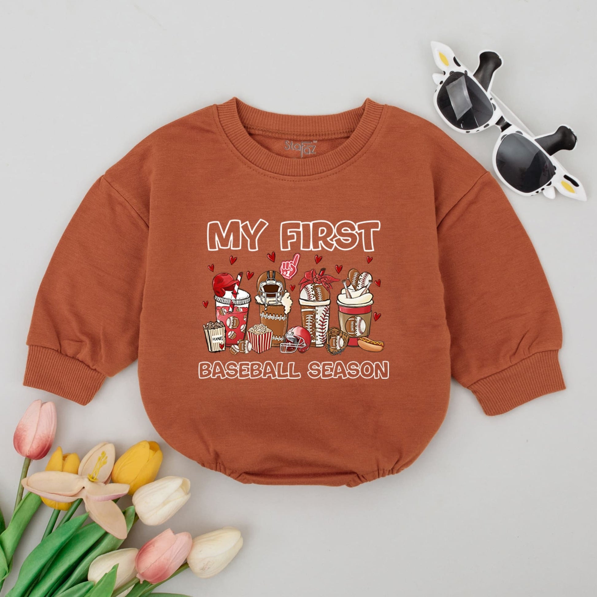 My First Baseball Season Baby Romper Bodysuit Cute Playful Sports Outfit Whimsical Baseball Drink Design Newborn Pregnancy Announcement Gift
