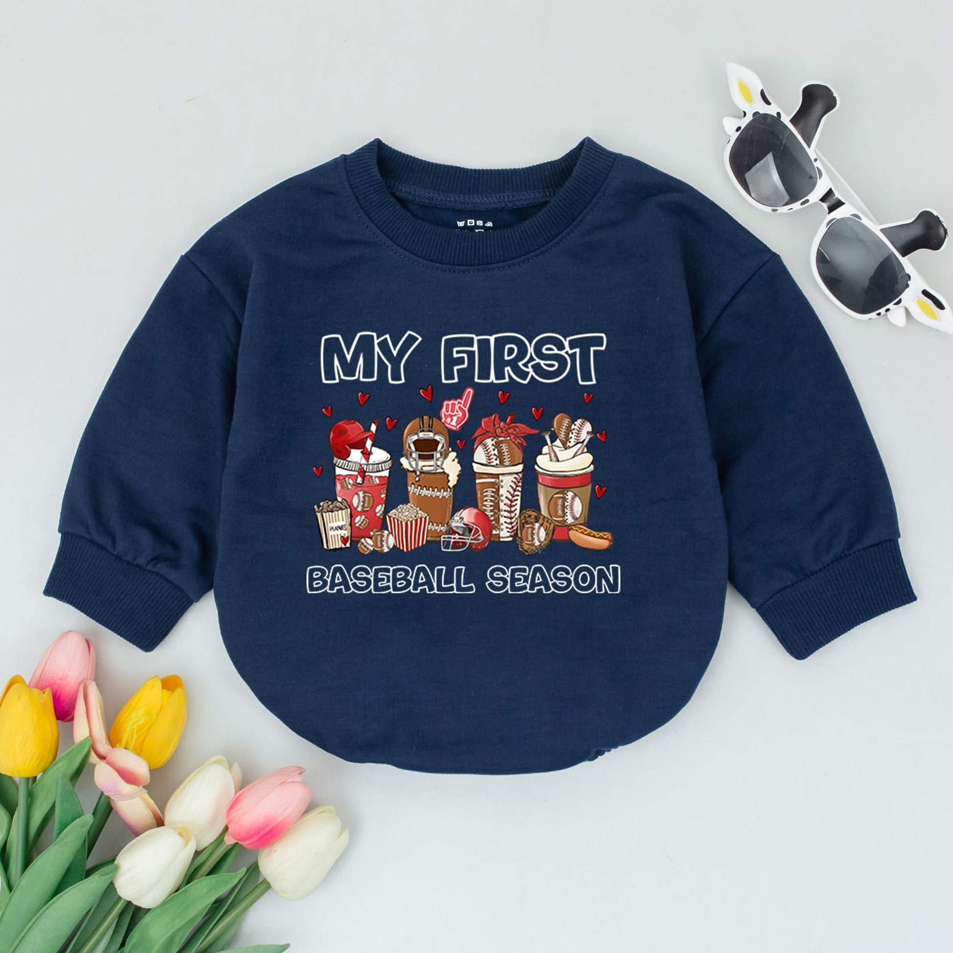 My First Baseball Season Baby Romper Bodysuit Cute Playful Sports Outfit Whimsical Baseball Drink Design Newborn Pregnancy Announcement Gift