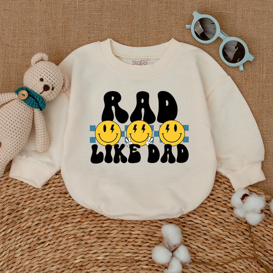 Rad Like Dad Baby Romper Funny Bodysuit Smiley Face Outfit Father's Day New Dad Gift Bubble Romper with Retro Lightning Eyes and Blue Stripes for Baby Boy