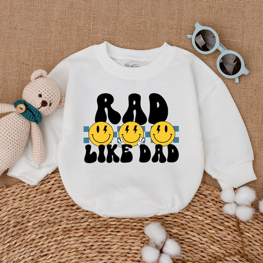 Rad Like Dad Baby Romper Funny Bodysuit Smiley Face Outfit Father's Day New Dad Gift Bubble Romper with Retro Lightning Eyes and Blue Stripes for Baby Boy