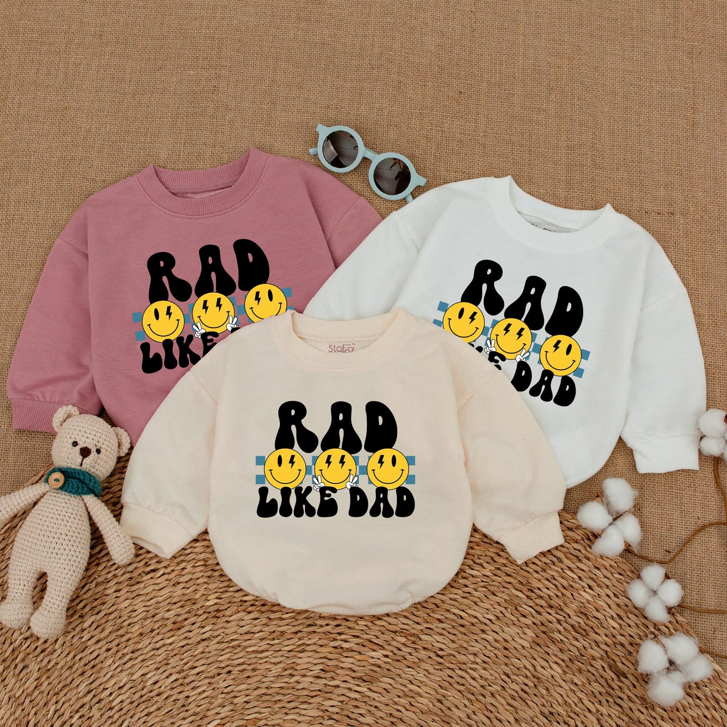 Rad Like Dad Baby Romper Funny Bodysuit Smiley Face Outfit Father's Day New Dad Gift Bubble Romper with Retro Lightning Eyes and Blue Stripes for Baby Boy