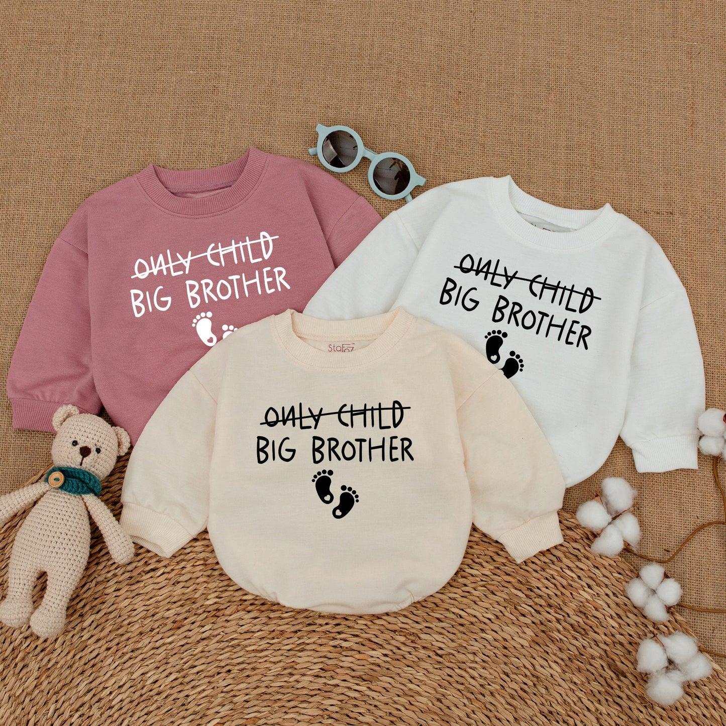 Only Child Crossed Out Big Brother Romper Baby Boy Pregnancy Announcement Newborn Bubble Bodysuit Footprint Design Gift
