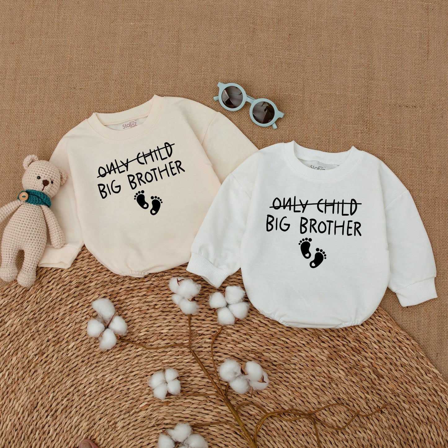Only Child Crossed Out Big Brother Romper Baby Boy Pregnancy Announcement Newborn Bubble Bodysuit Footprint Design Gift