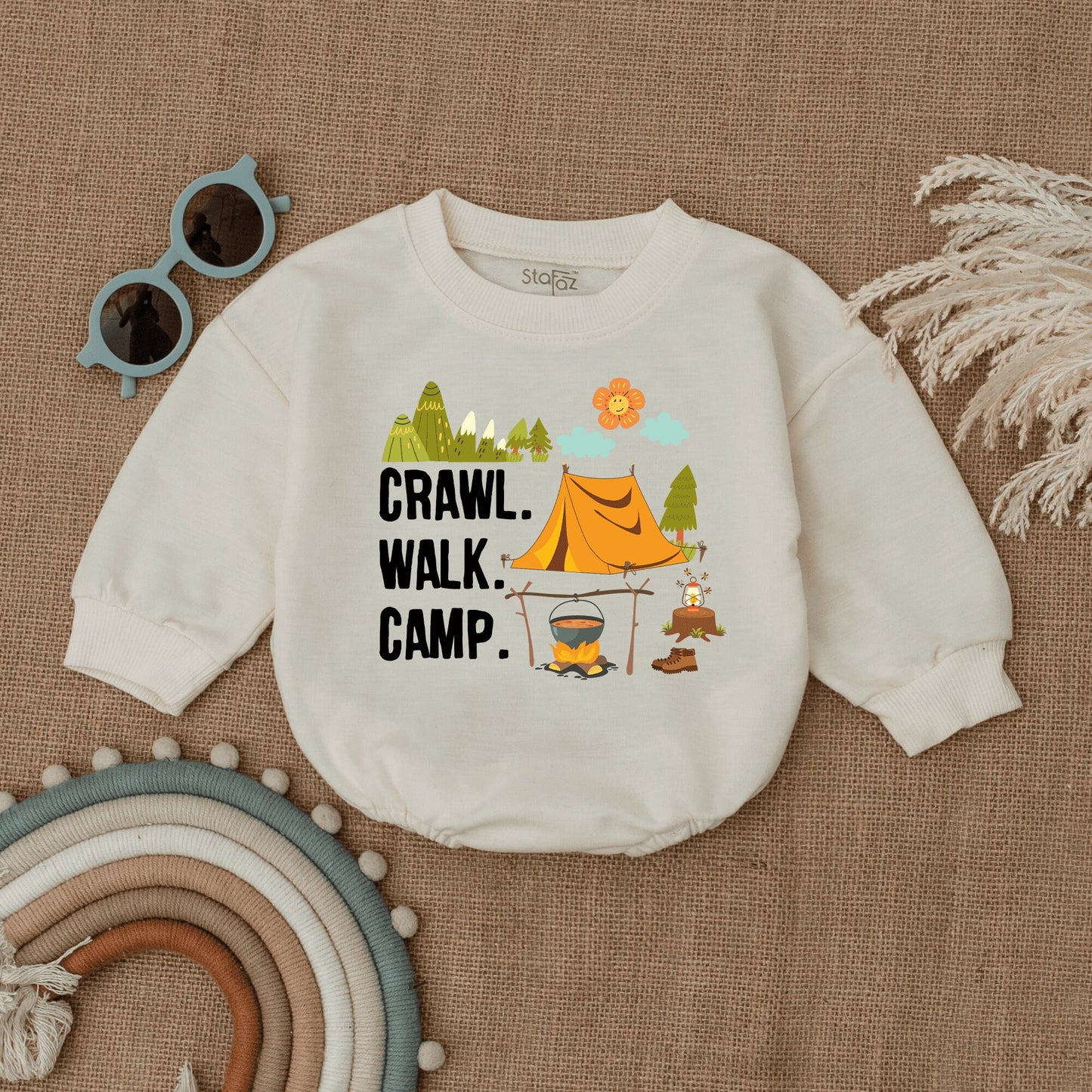 Crawl Walk Camp Baby Romper Cute Camping Infant Bodysuit with Mountain Tent Design Smiling Flower Cheerful Newborn Adventurer Outfit