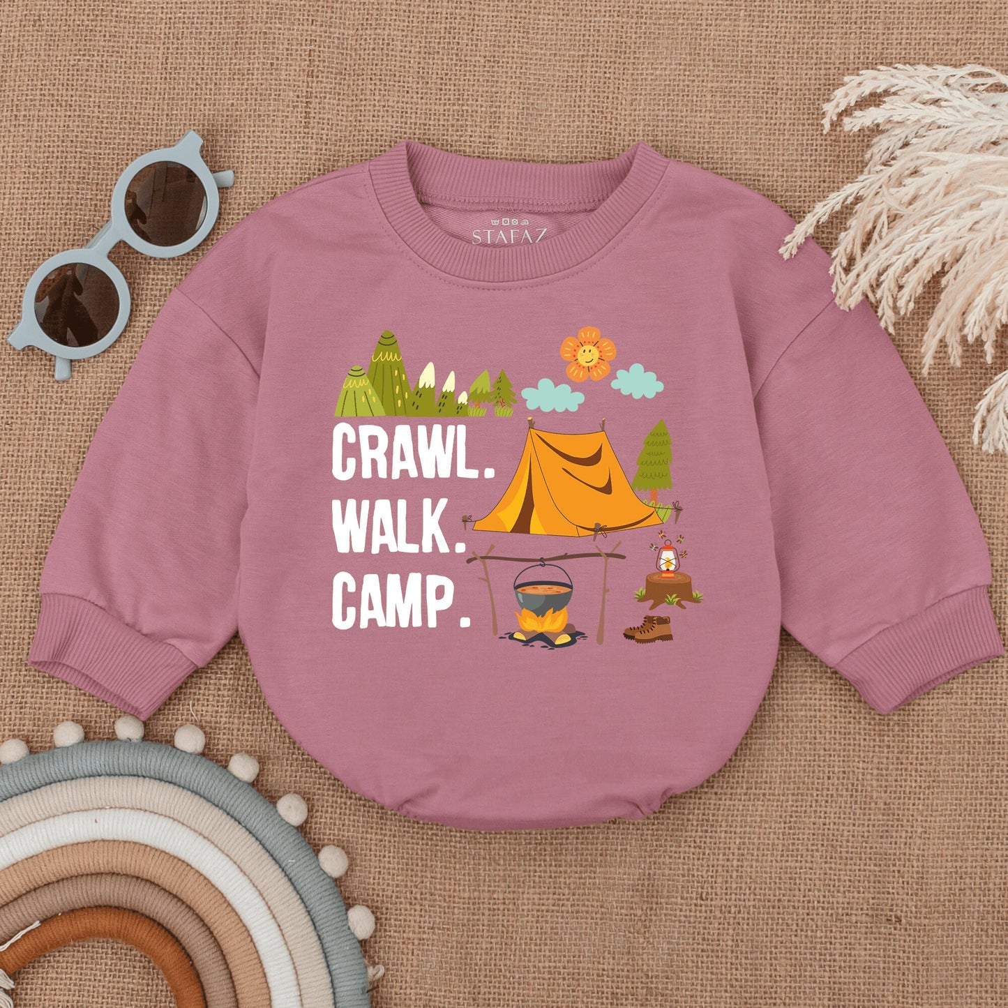Crawl Walk Camp Baby Romper Cute Camping Infant Bodysuit with Mountain Tent Design Smiling Flower Cheerful Newborn Adventurer Outfit
