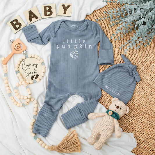 Personalized Little Pumpkin Pregnancy Announcement Baby Bodysuit and Hat Set featuring Custom Name William Fall Newborn Keepsake Outfit