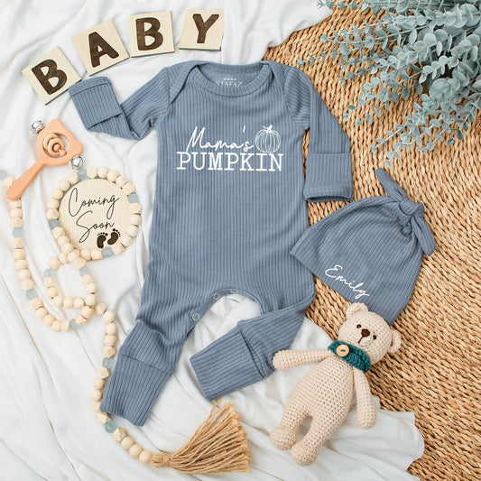 Personalized Mama's Pumpkin Pregnancy Announcement Baby Bodysuit and Hat Set Fall Newborn Unisex Keepsake Gift with modern name hat
