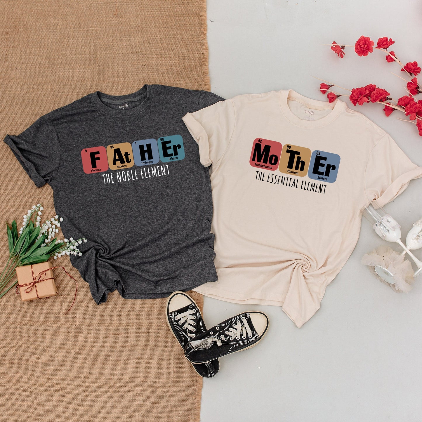 Periodic Table Family Matching Shirts Science Elements Outfits featuring Father Mother Brother Baby Designs and Noble Essential Magical Elements