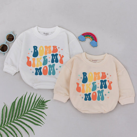Retro Bomb Like My Mom Groovy Romper for Baby Girls Vintage Style Multicolored Starburst Newborn Baby Shower Gift Mommy Daughter Outfits