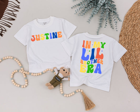 In My Little Brother Era Funny Personalized Name Toddler Shirt Rainbow Retro Baby Boy Tee Sparkle Design Pregnancy Announcement Gift