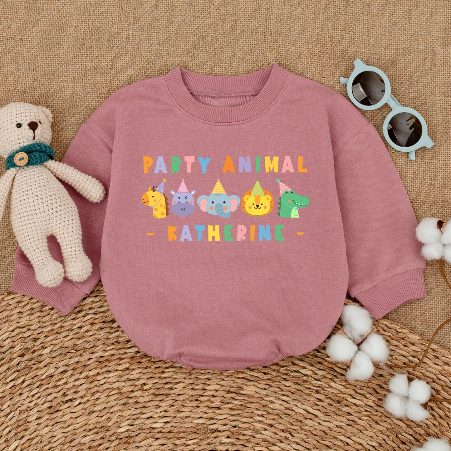 Personalized Party Animal Birthday Romper Colorful Safari Animals "PARTY ANIMAL" Text Baby Boy Cake Smash Outfit First Birthday Party