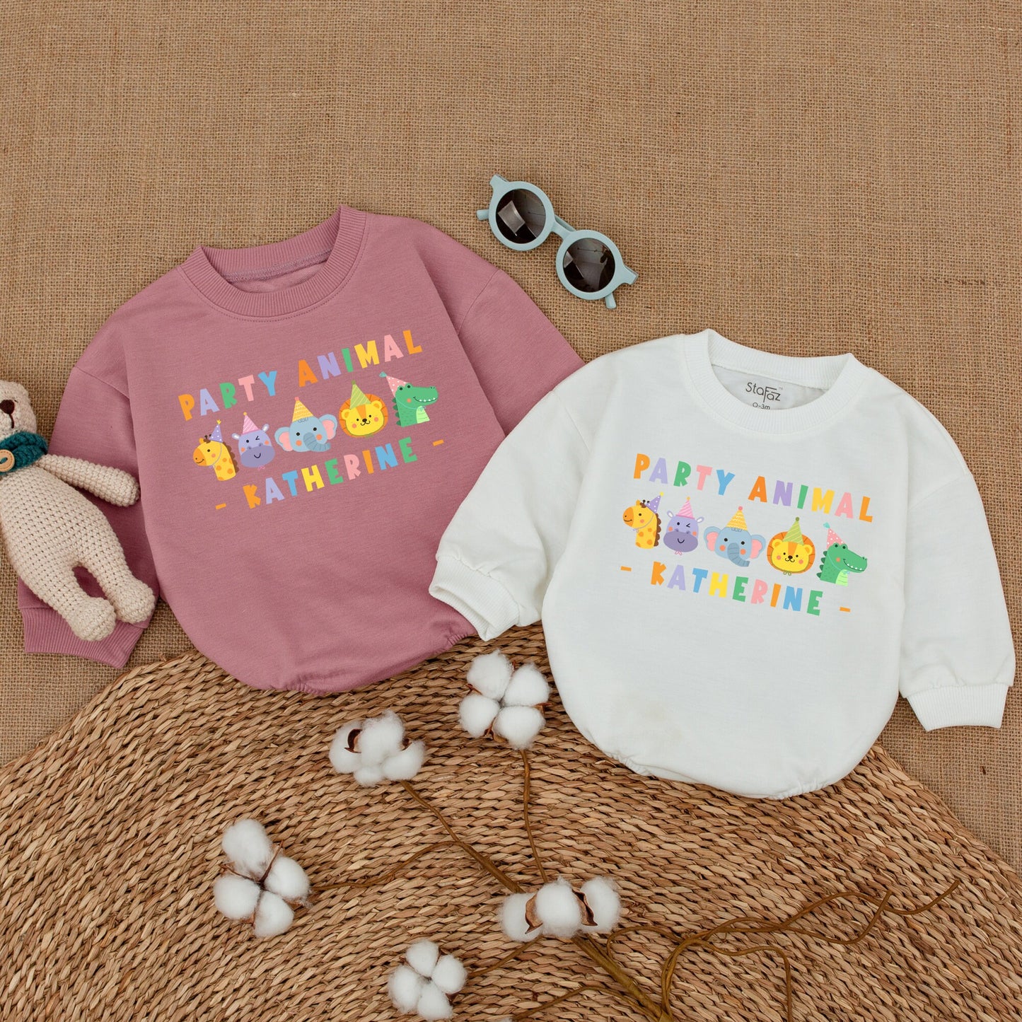 Personalized Party Animal Birthday Romper Colorful Safari Animals "PARTY ANIMAL" Text Baby Boy Cake Smash Outfit First Birthday Party