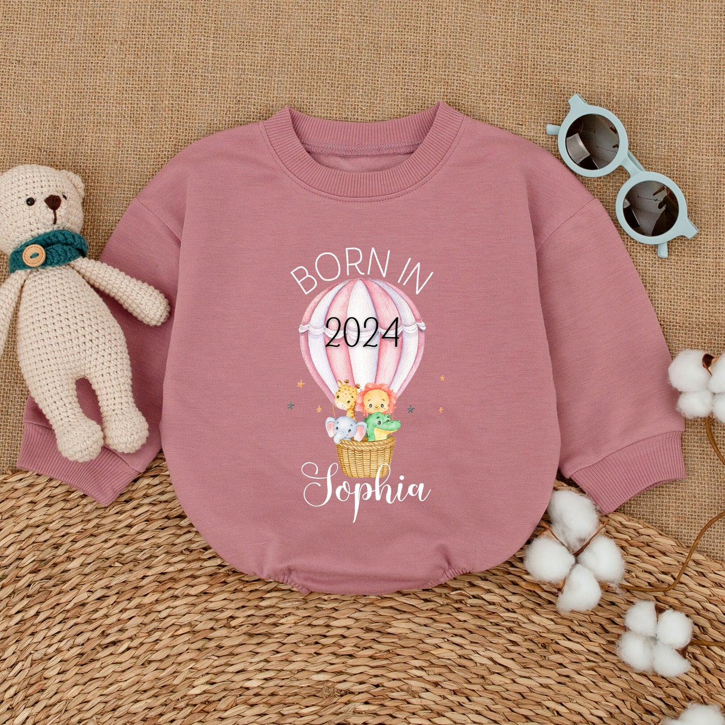Personalized Born in 2024 Safari Baby Romper Hot Air Balloon Bodysuit Newborn Girl Boy Gift Soft Cotton Striped Animal Keepsake Sleepsuit