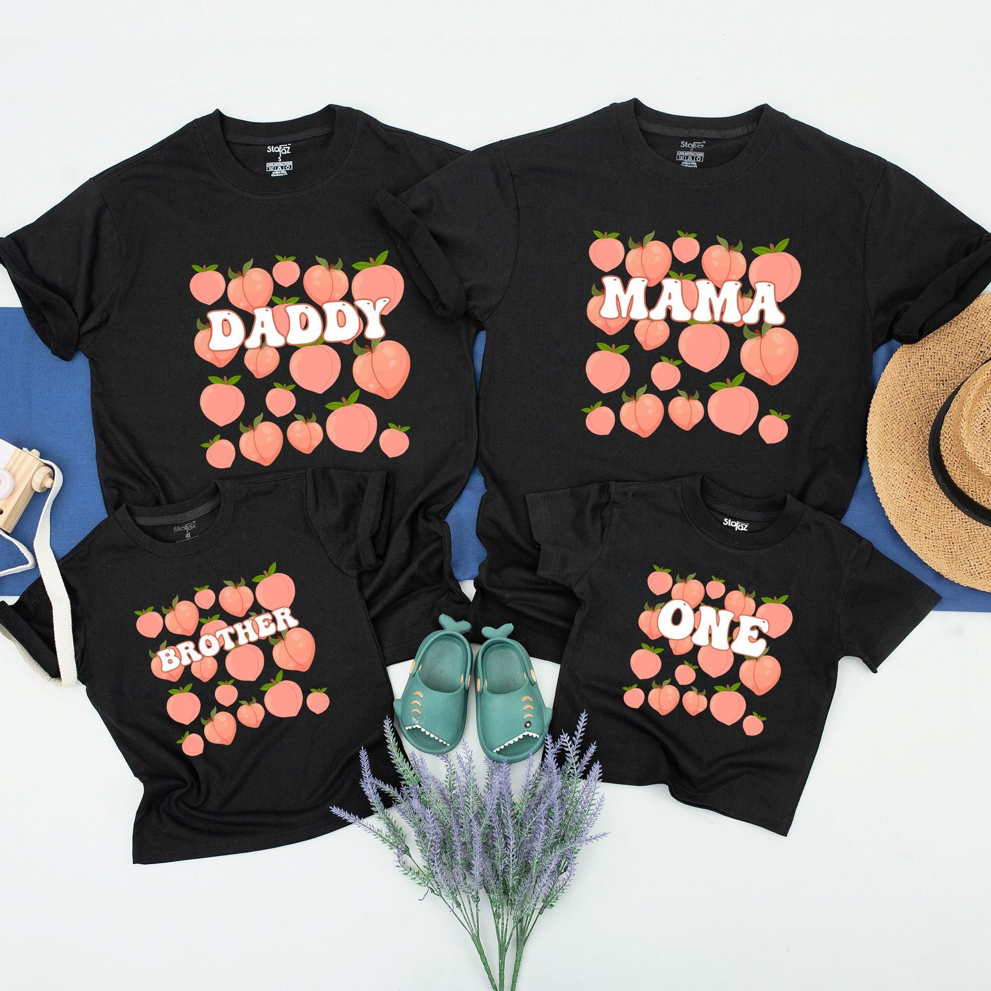 One Sweet Peach 1st Birthday Shirt Matching Family Party Outfit featuring playful light orange cartoon peaches and retro style text for celebration