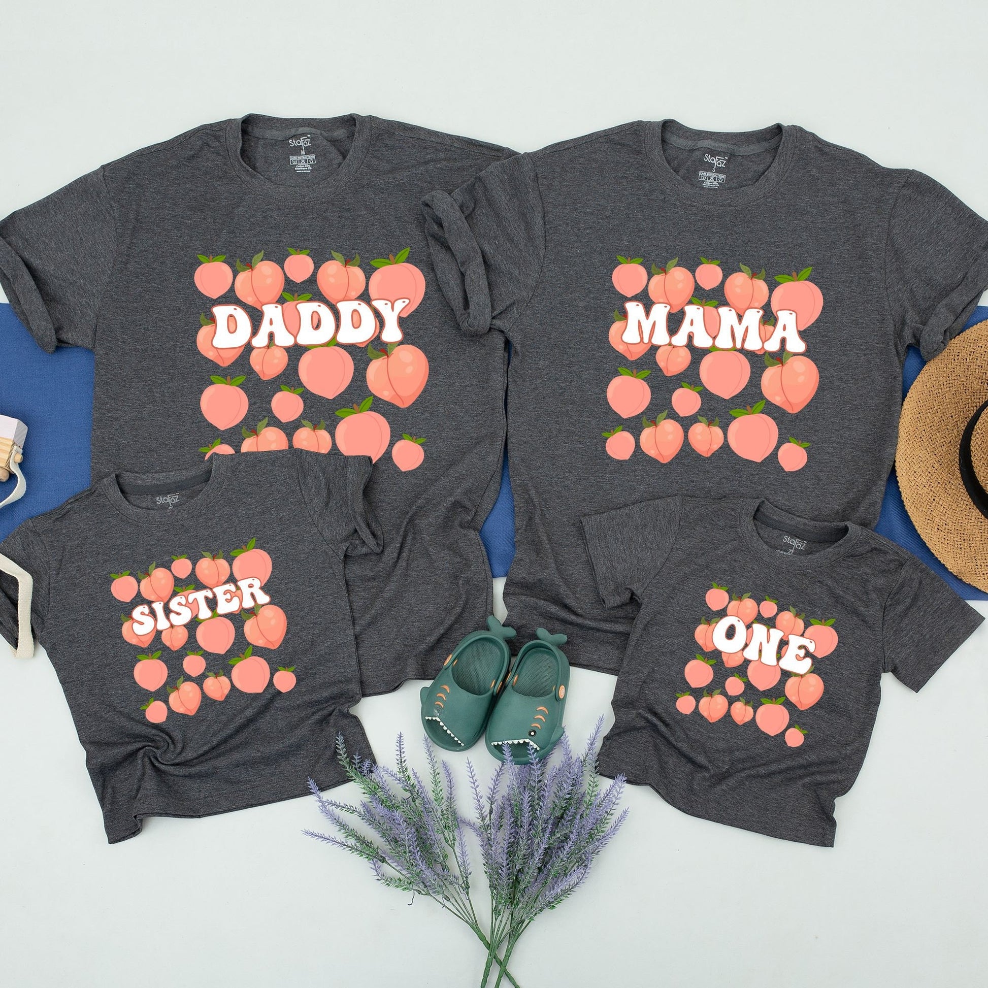 One Sweet Peach 1st Birthday Shirt Matching Family Party Outfit featuring playful light orange cartoon peaches and retro style text for celebration