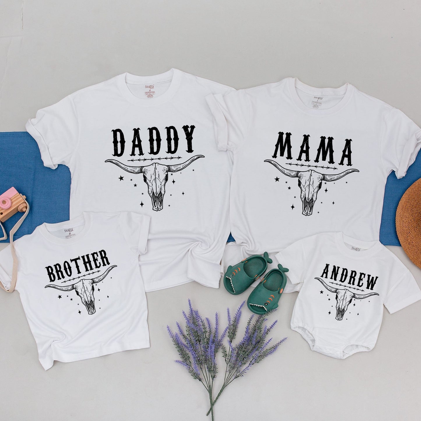First Rodeo Family Birthday Shirts Custom Name Western Steer Skull Vintage Style 1st Birthday Party Mama Daddy Brother Outfit