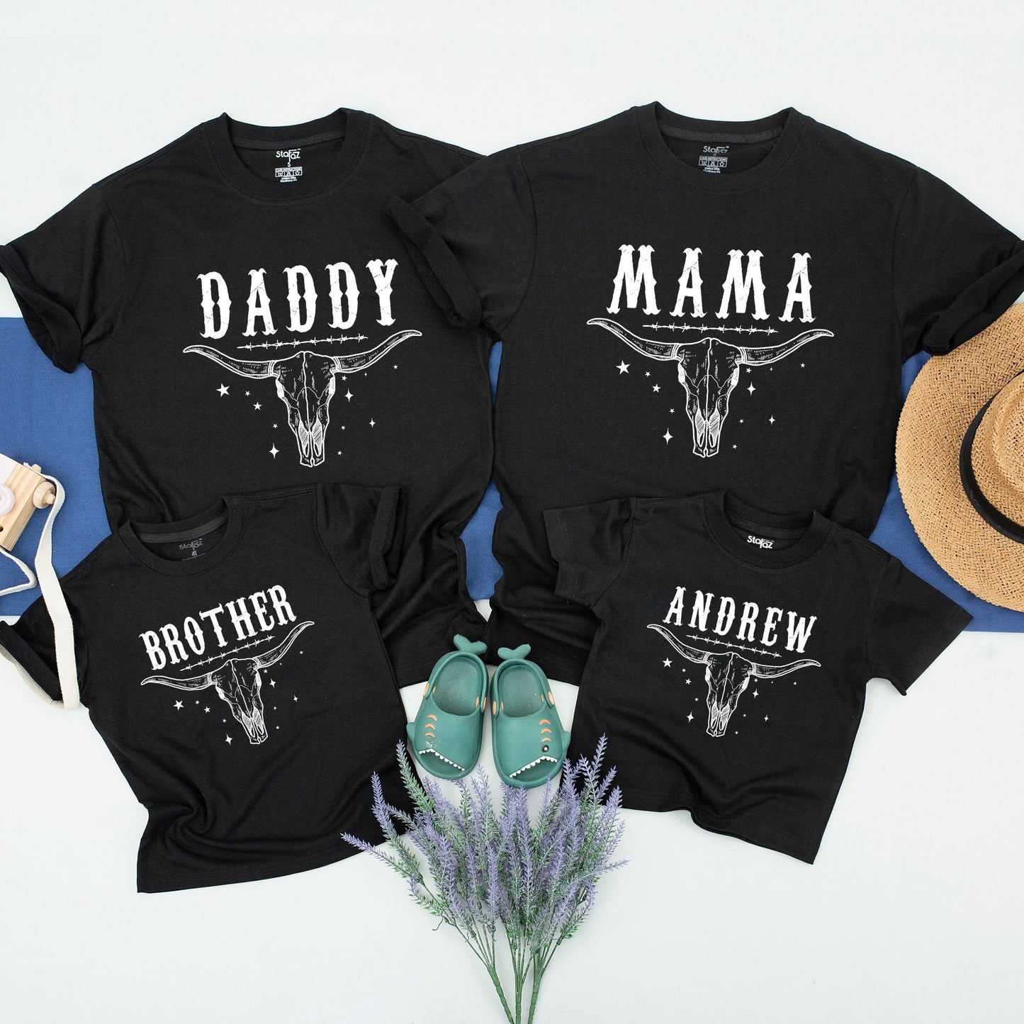 First Rodeo Family Birthday Shirts Custom Name Western Steer Skull Vintage Style 1st Birthday Party Mama Daddy Brother Outfit