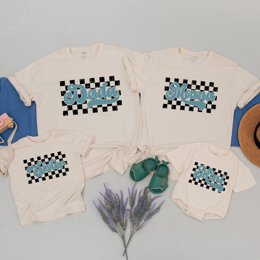 Retro Checkered Family Matching T-shirt with Distressed Light Blue Mama Dad Mini Text Vintage Racing Style Americana Group Tee for Loved Ones