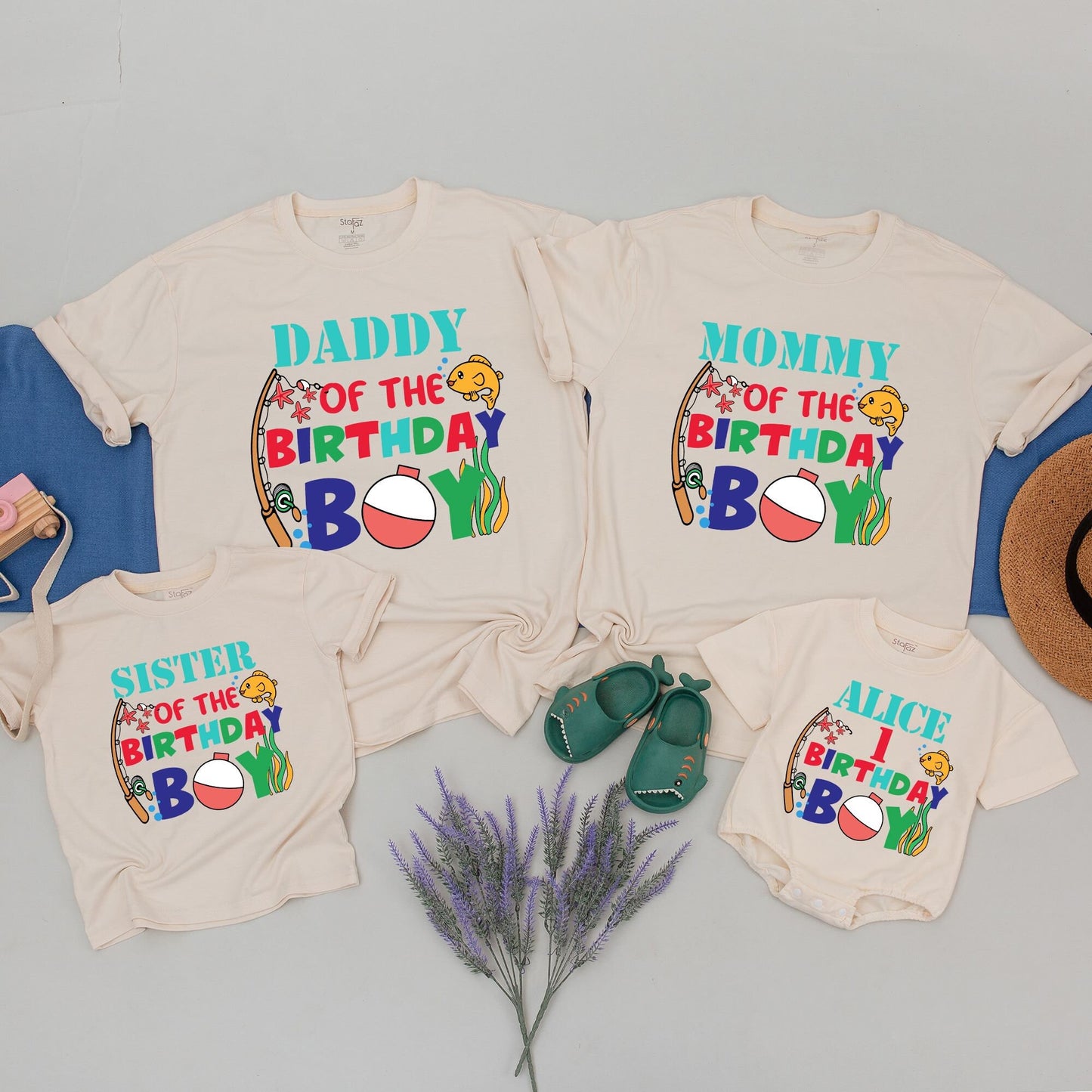 Personalized Matching Family Fishing Birthday Shirts for the Birthday Boy with Colorful Cartoon Fish, Rod, Bobber & Seaweed Design