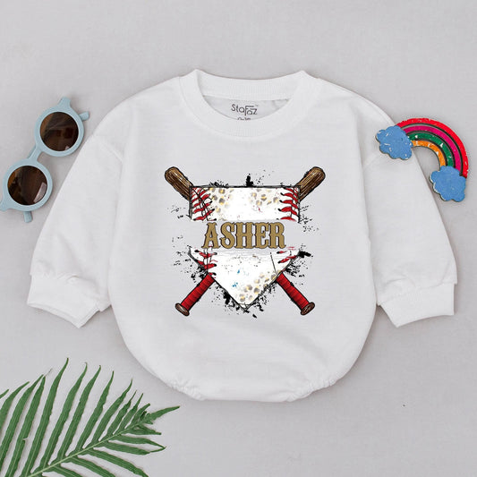 Personalized Gold Asher Baseball Bubble Romper Game Day Outfit with Crossed Bats Diamond & Black Splatter, a Retro Sporty Baby Boy Girl Design