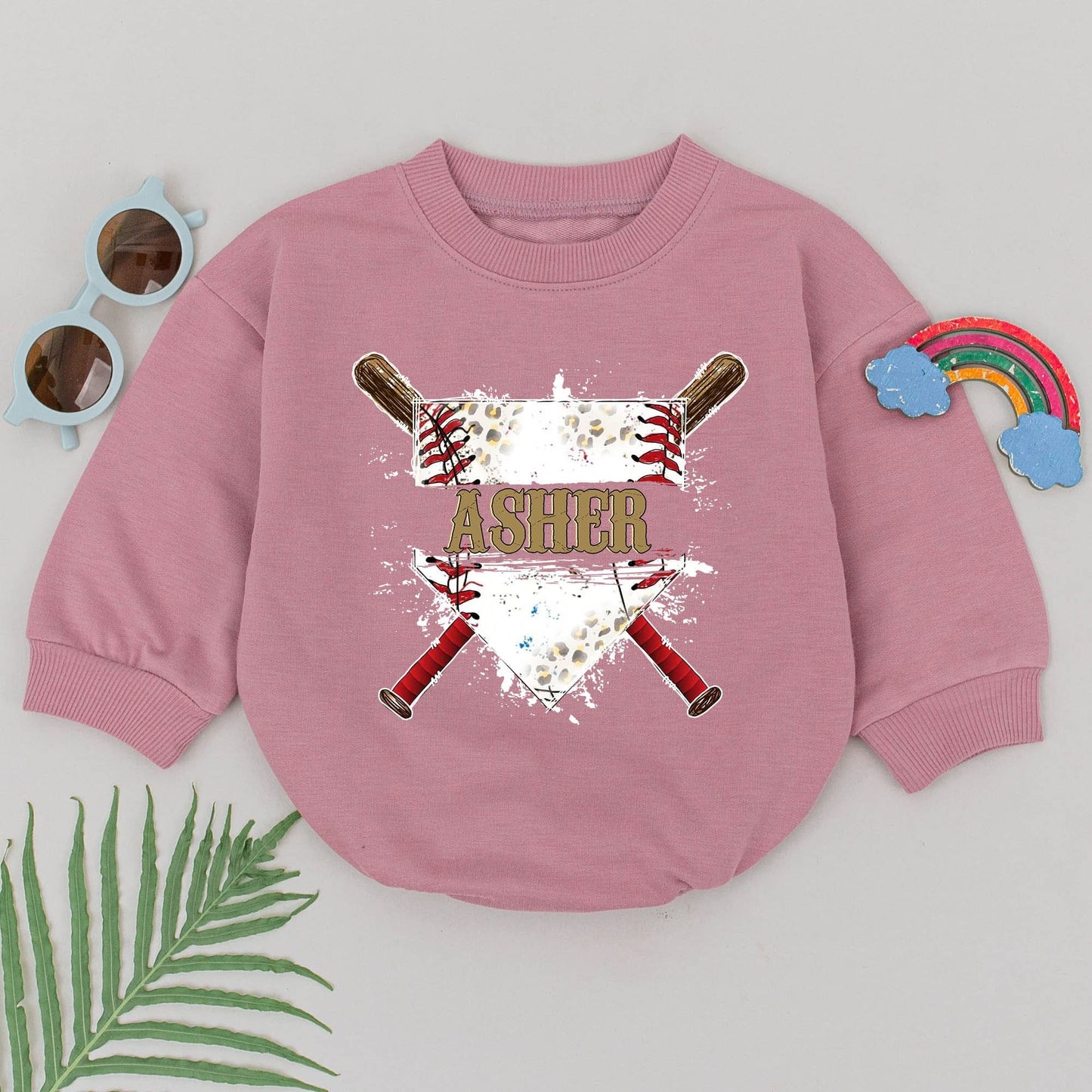 Personalized Gold Asher Baseball Bubble Romper Game Day Outfit with Crossed Bats Diamond & Black Splatter, a Retro Sporty Baby Boy Girl Design