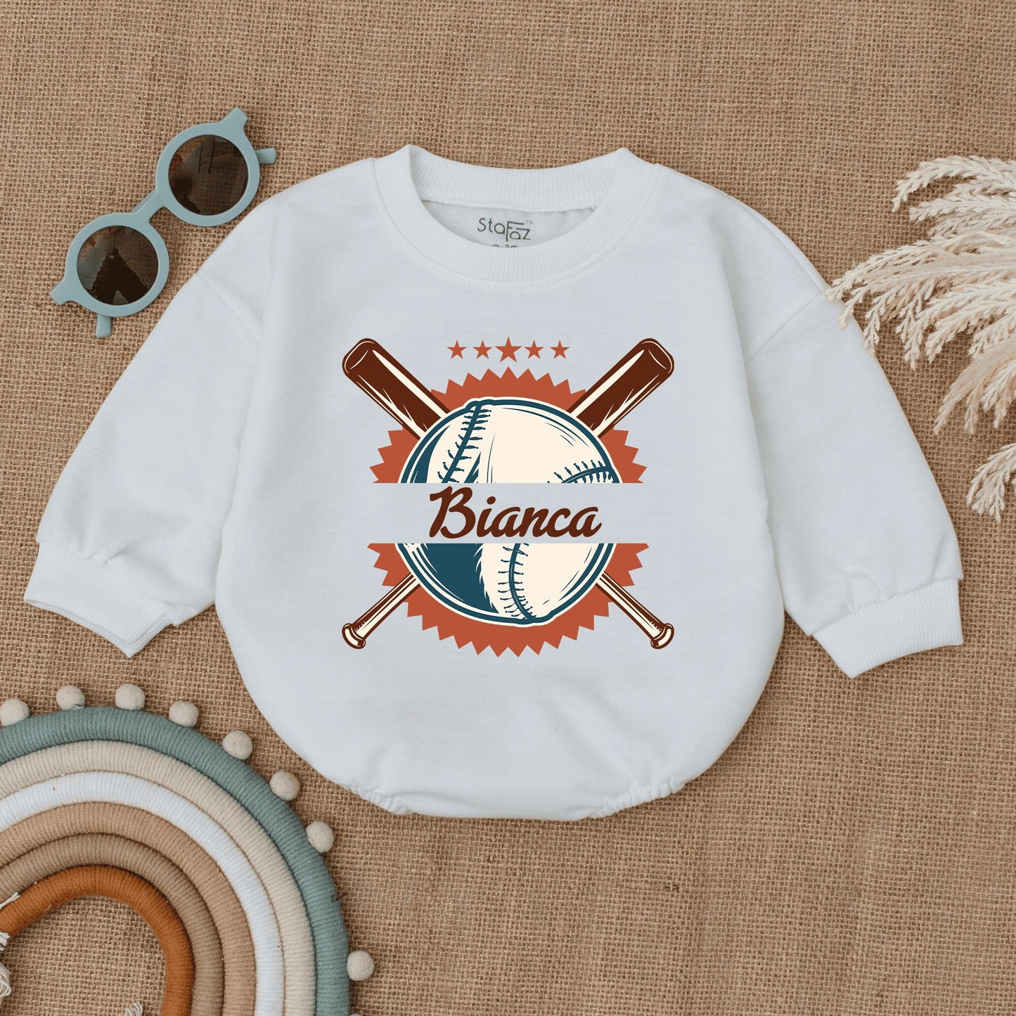 Personalized Vintage Baseball Romper for Baby Game Day Outfit with Sunburst Star Design and Name Infant Bodysuit Birthday Celebration Gift Clothes