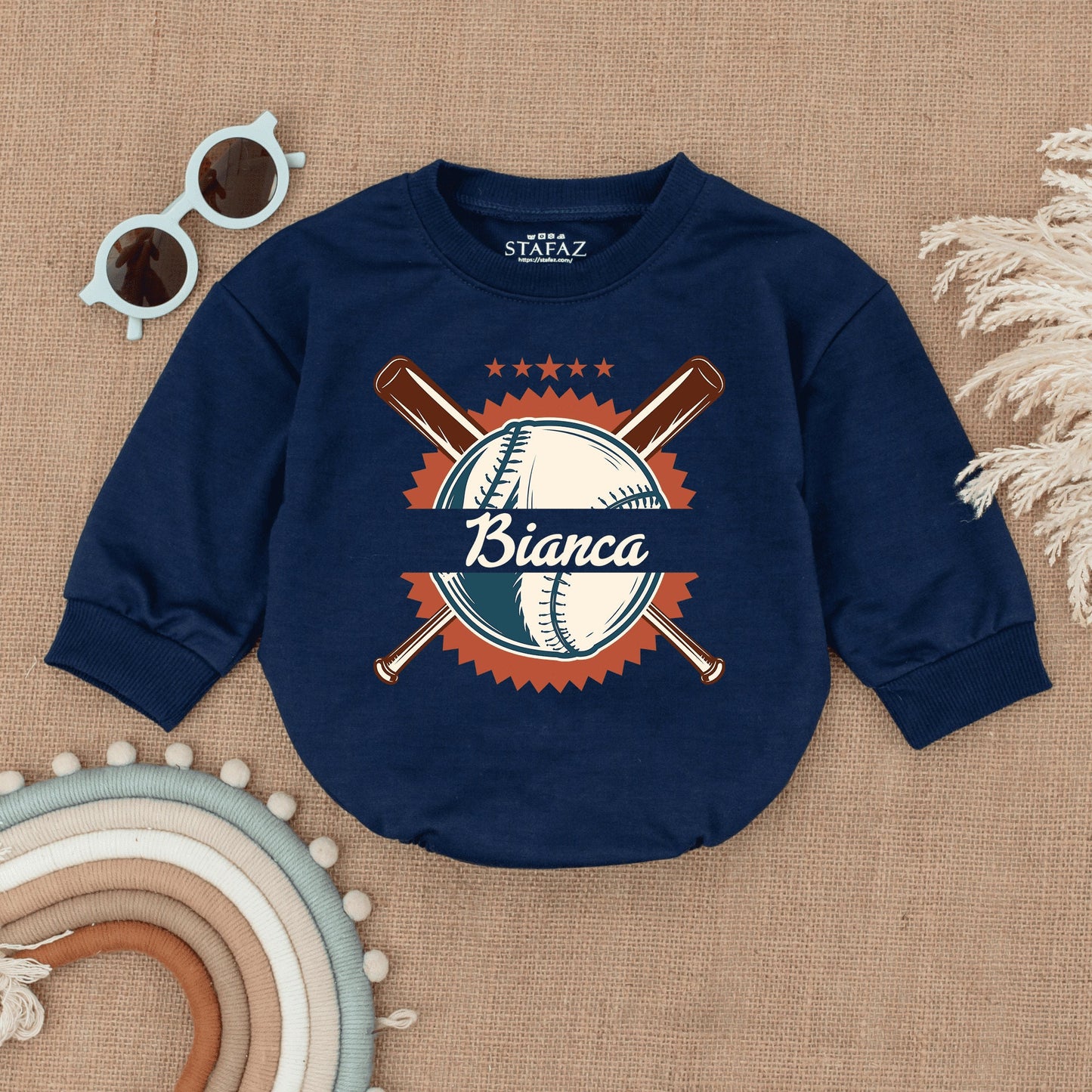 Personalized Vintage Baseball Romper for Baby Game Day Outfit with Sunburst Star Design and Name Infant Bodysuit Birthday Celebration Gift Clothes
