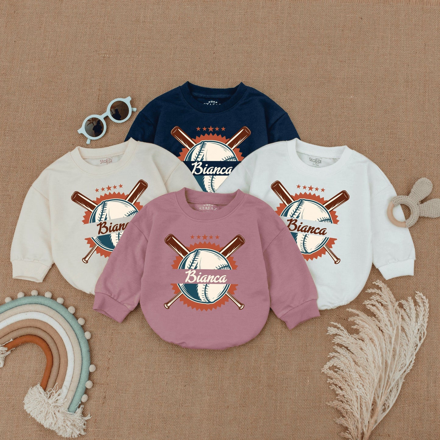 Personalized Vintage Baseball Romper for Baby Game Day Outfit with Sunburst Star Design and Name Infant Bodysuit Birthday Celebration Gift Clothes