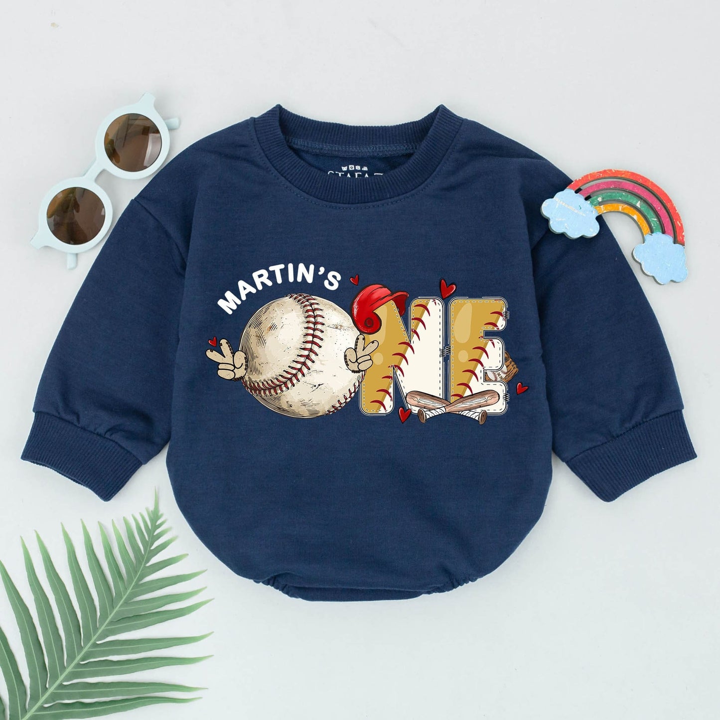 Personalized First Birthday Baseball Romper Rookie of the Year Baby Boy Outfit Gameday ONE Design Red Stitching Sweet Hearts