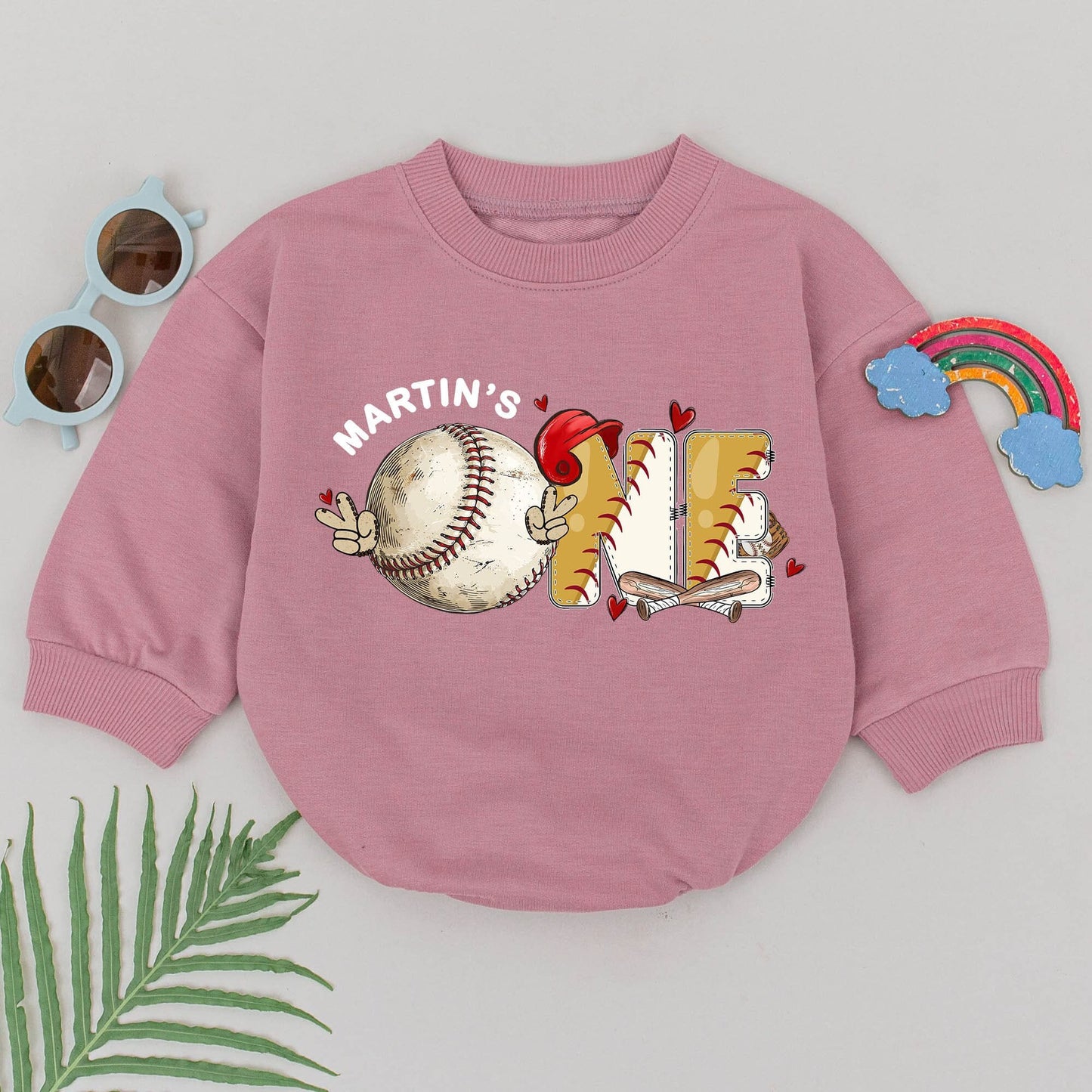Personalized First Birthday Baseball Romper Rookie of the Year Baby Boy Outfit Gameday ONE Design Red Stitching Sweet Hearts