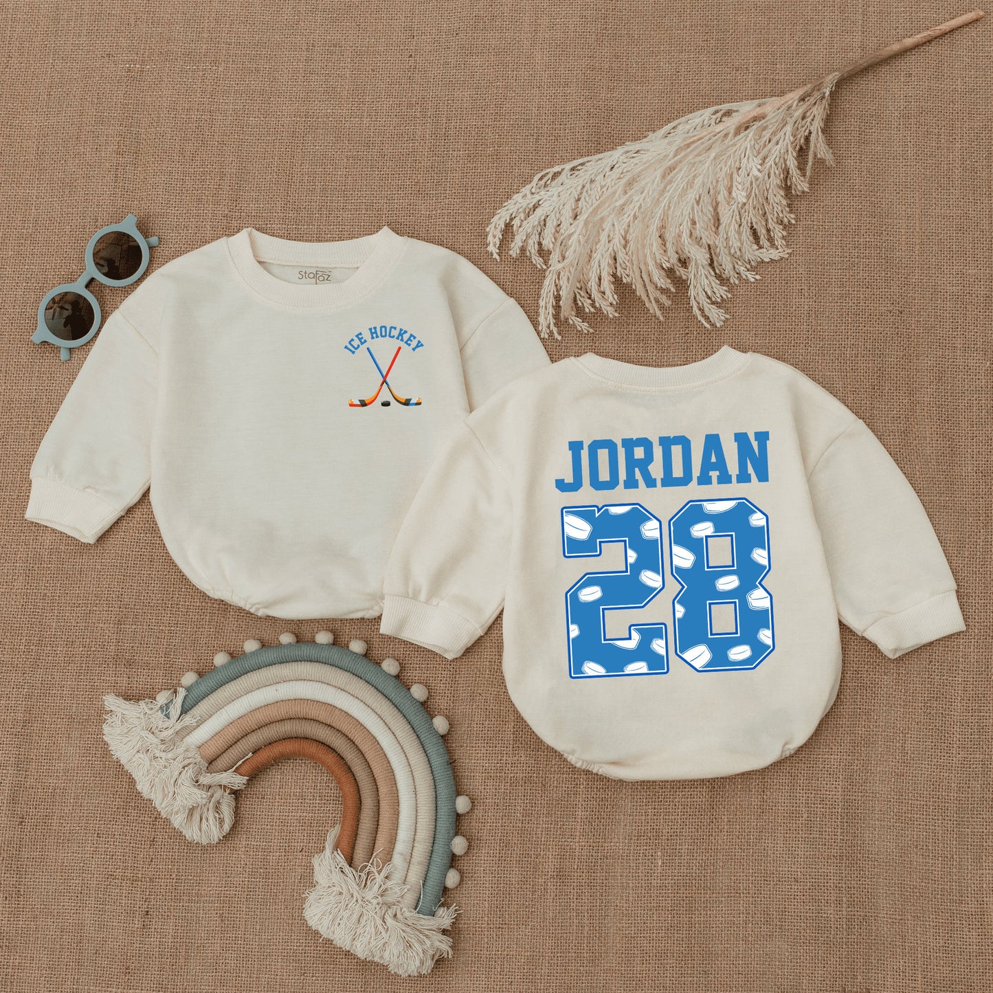 Personalized Baby Ice Hockey Bubble Romper with Name and Number 28, featuring Crossed Sticks and Puck Pattern, Future Player Newborn Gift for Little Fan