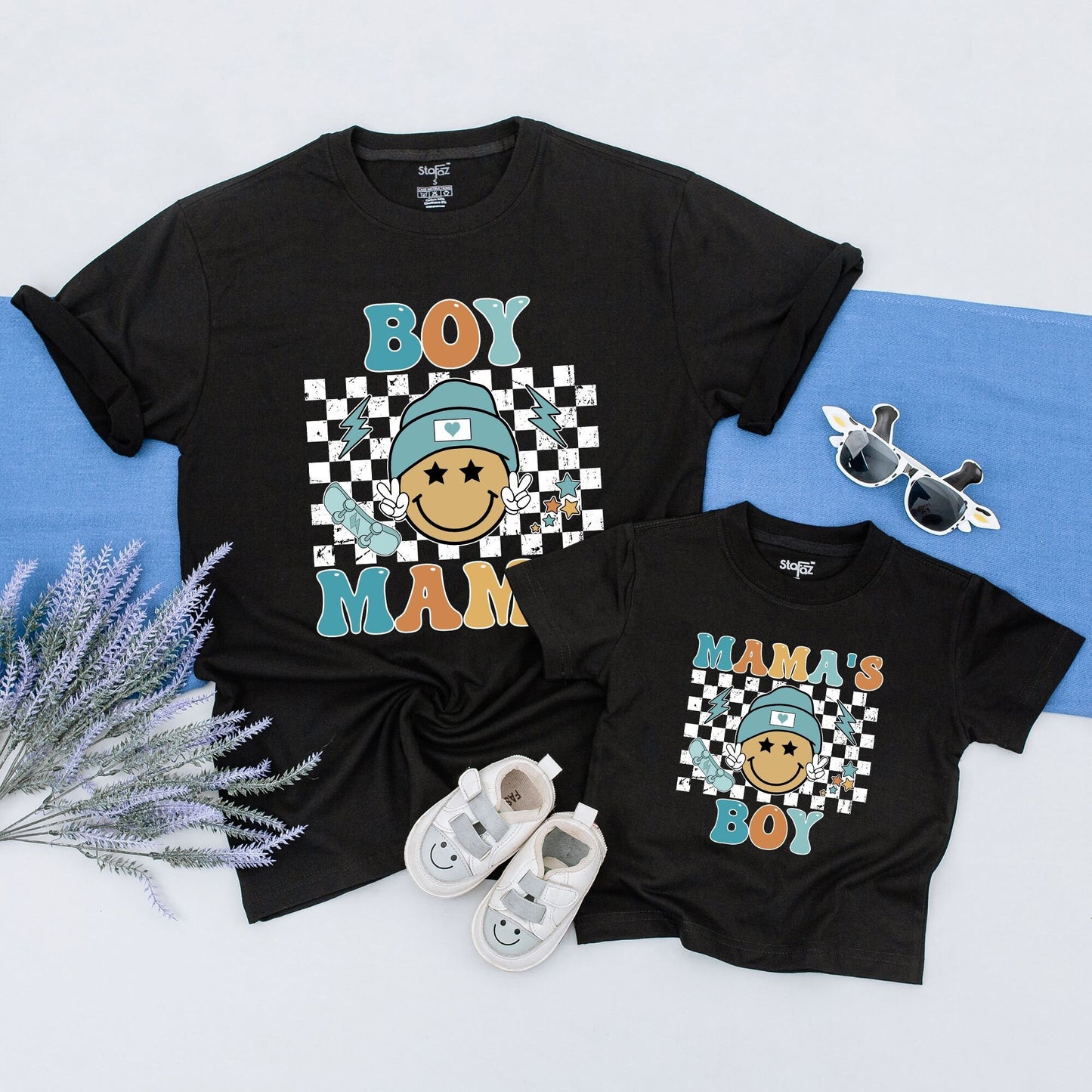 Retro Boy Mama and Son Matching Shirts with Groovy Smiley Face Teal Beanie Design, Perfect Mommy and Me Outfits for Mom of Boys, Fun Baby Shower Gift