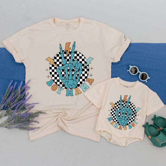 Mommy and Me Matching Boy Mama Mama's Boy Shirts Skeletal Hand Peace Sign Retro Style Mom Son Outfit Mother's Day Gift Teal Orange Checkered Design