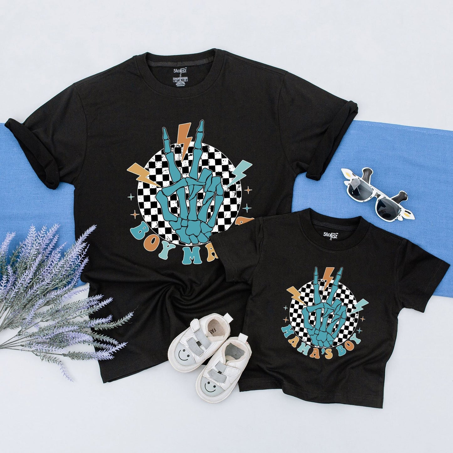 Mommy and Me Matching Boy Mama Mama's Boy Shirts Skeletal Hand Peace Sign Retro Style Mom Son Outfit Mother's Day Gift Teal Orange Checkered Design