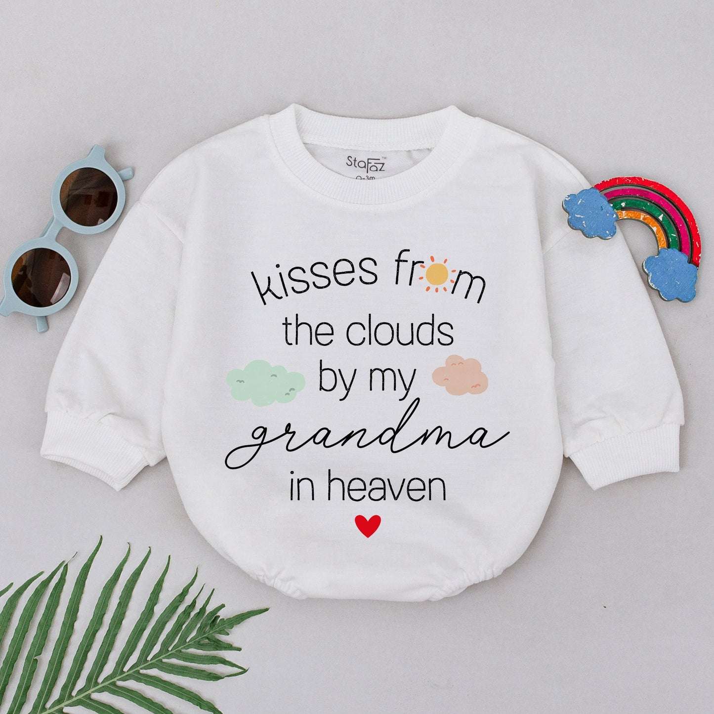 Kisses From The Clouds By My Grandma In Heaven Romper Sweet Sentimental Baby Outfit Newborn Gift Memorial Cloud Sun Heart Design Coming Home Bodysuit