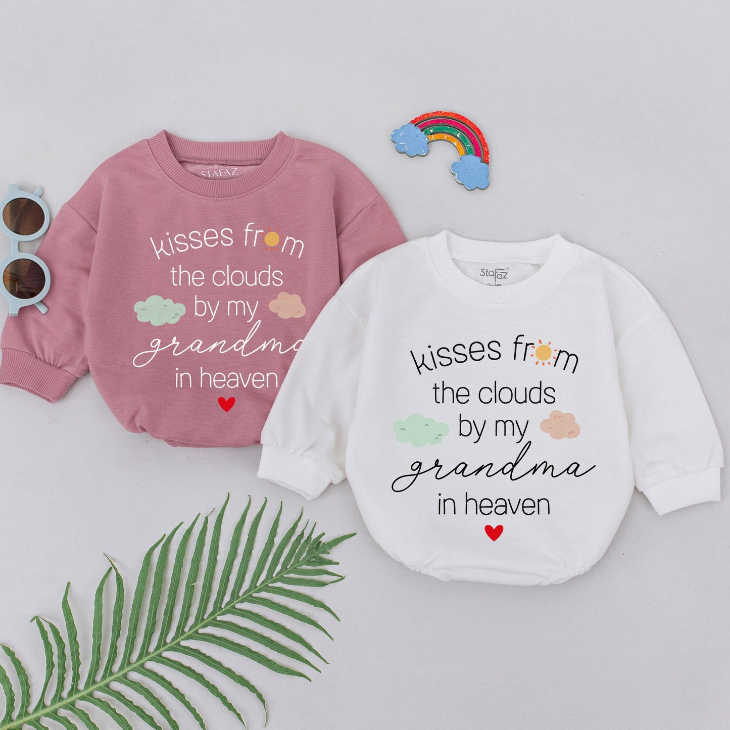 Kisses From The Clouds By My Grandma In Heaven Romper Sweet Sentimental Baby Outfit Newborn Gift Memorial Cloud Sun Heart Design Coming Home Bodysuit